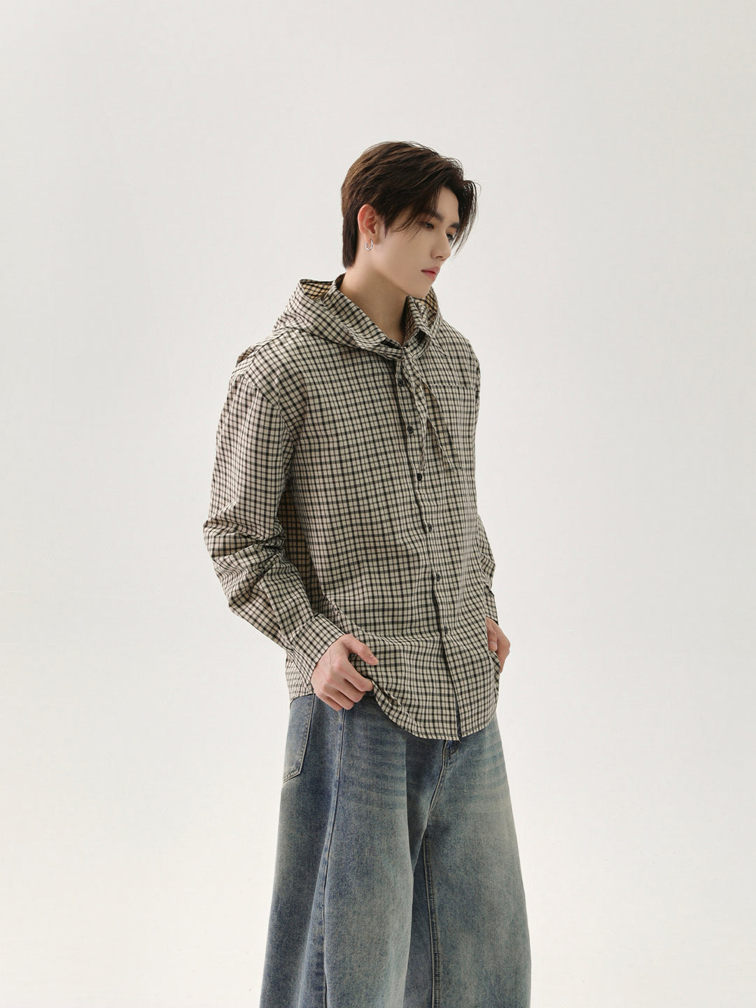 Plaid Hooded Shawl Cardigan Shirt