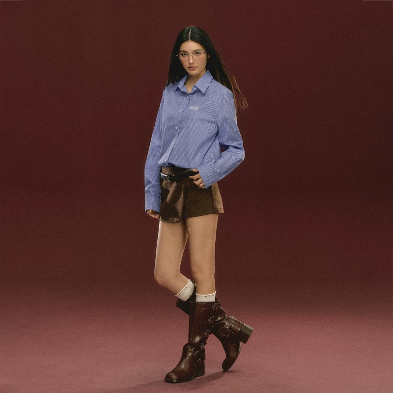 Retro rutete langermet skjorte med knapper 