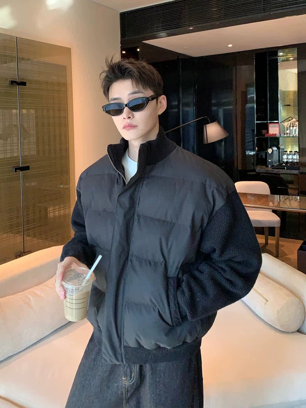 스탠드 칼라 패치워크 패딩 니트 재킷 