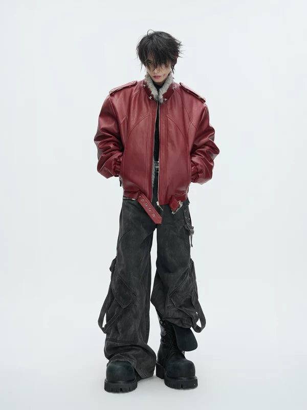 Veste à capuche en simili cuir avec garniture en fourrure 