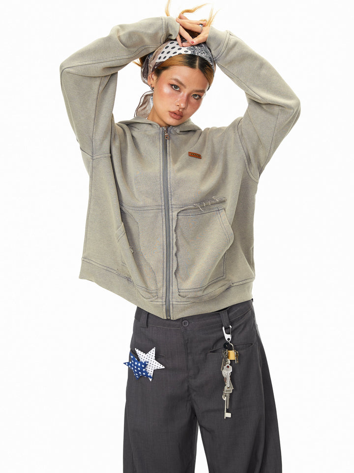 Patchwork Pocket Zip Up Hooded Sweatshirt
