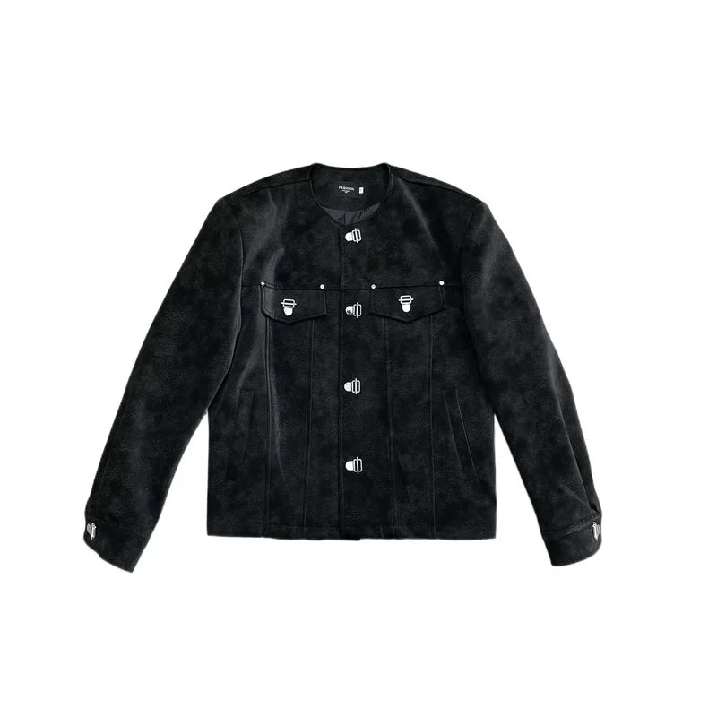 Ležérní kožená bunda s krátkým rukávem a kulatým výstřihem 