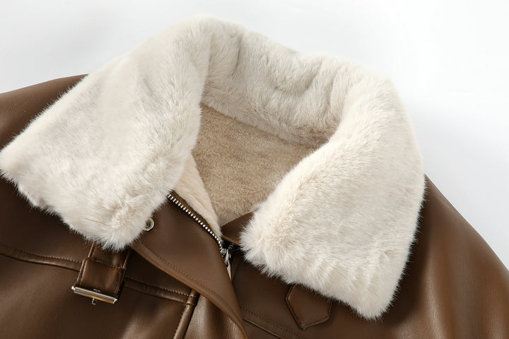 Faux Fur Collar Faux Leather Coat