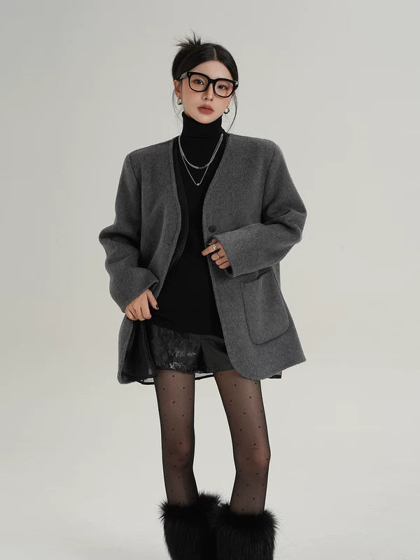 Пиджак из шерсти без воротника с карманами 