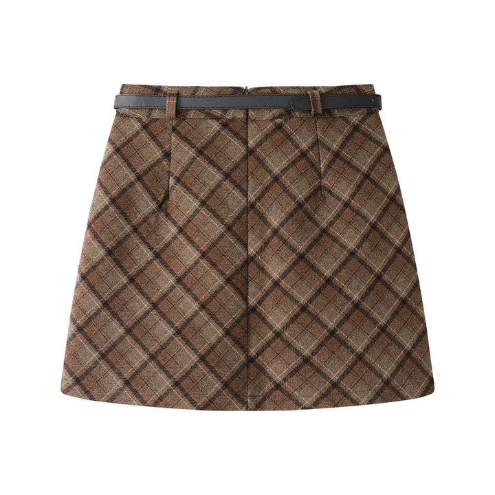 חצאית מיני A-Line מצמר משובץ עם חגורה 