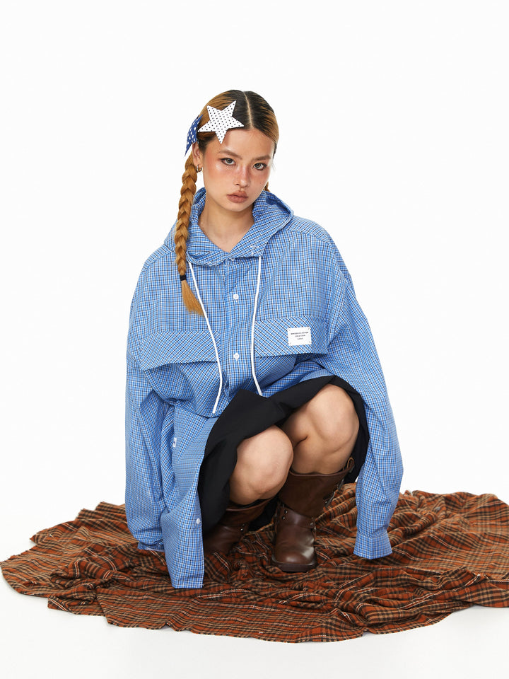 Plaid Drawstring Hooded Long Sleeve Shirt