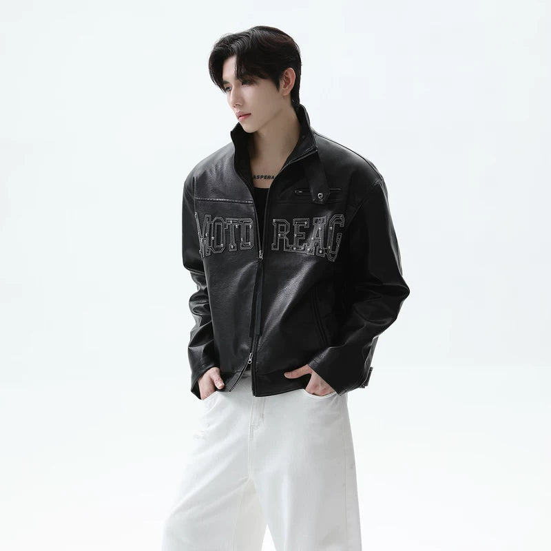 Studded Letter Leather Stand Collar Jacket