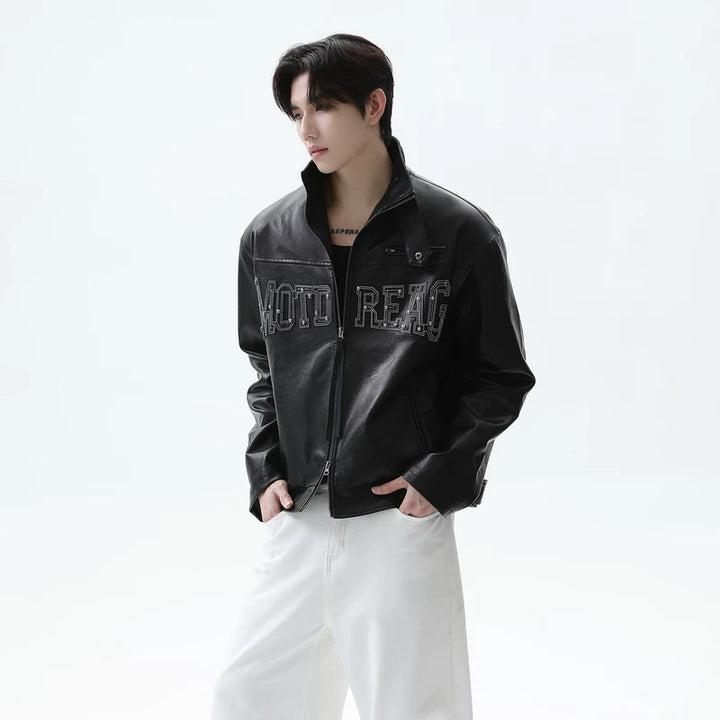 Studded Letter Leather Stand Collar Jacket
