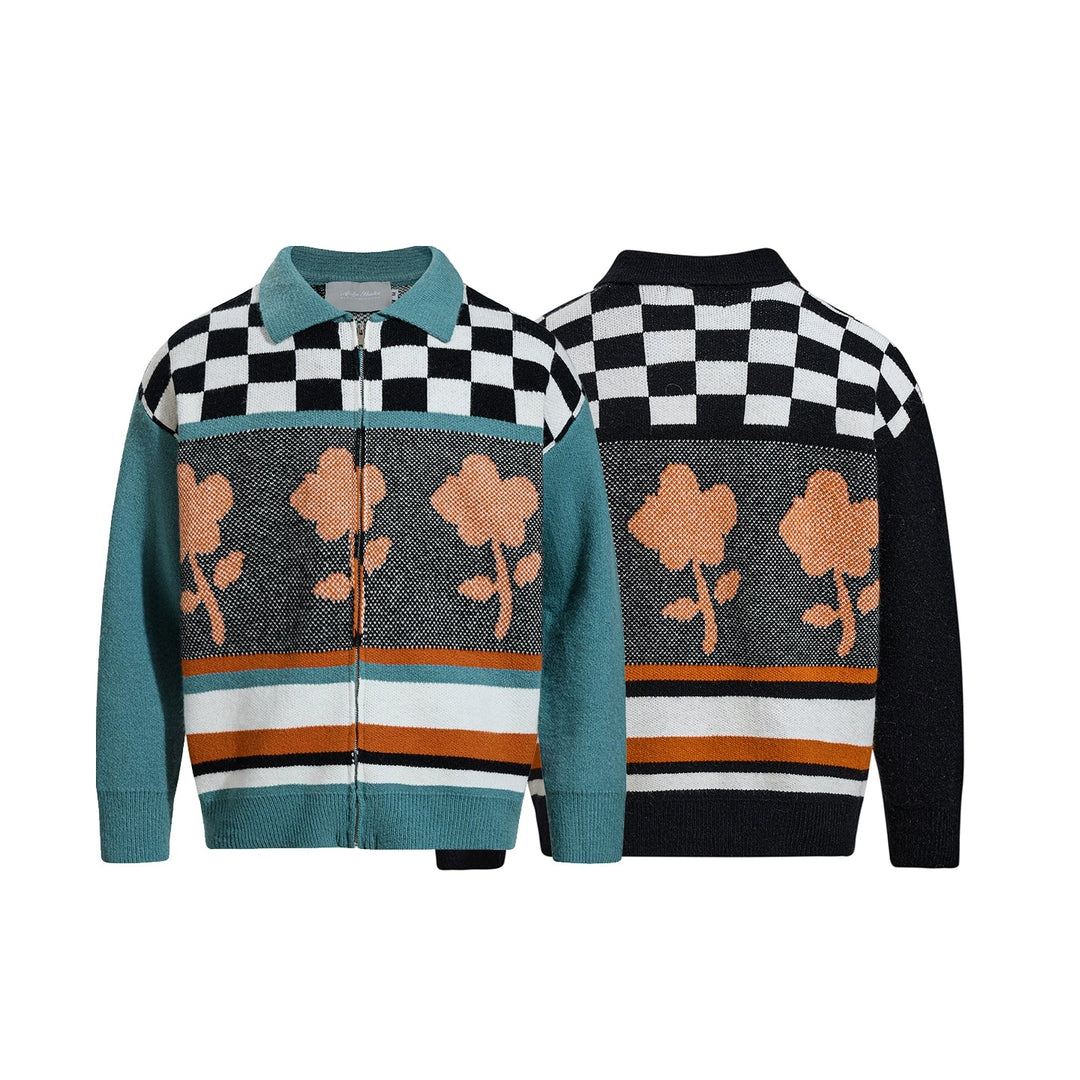 Suéter de punto con cremallera y solapa de jacquard retro 