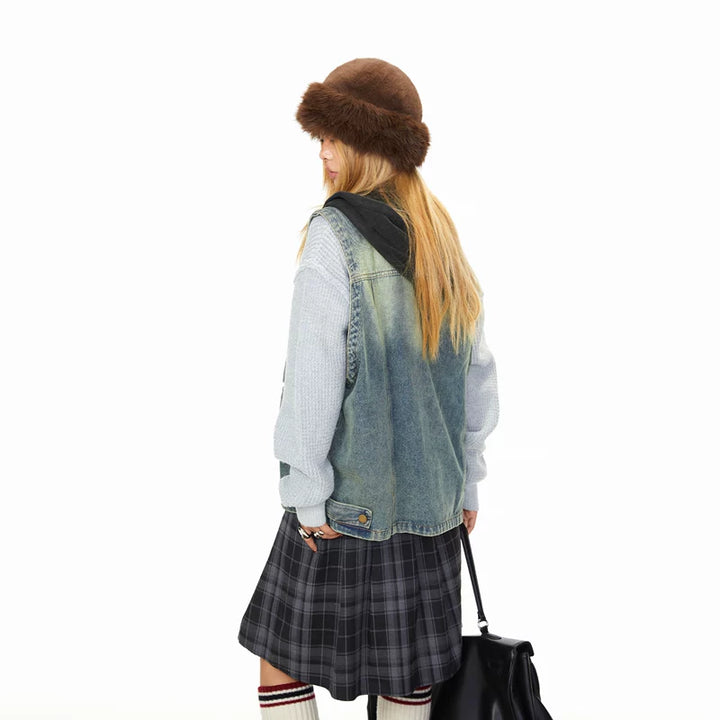 Washed Distressed Denim Hooded Vest