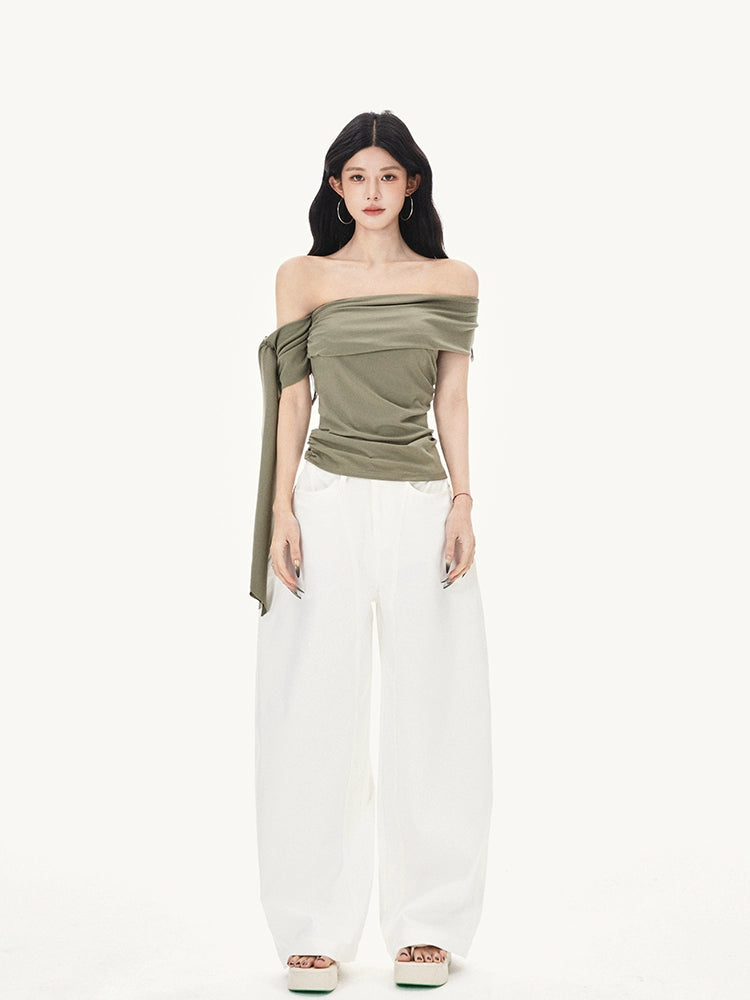 One-Shoulder Ribbon Knitted T-Shirt