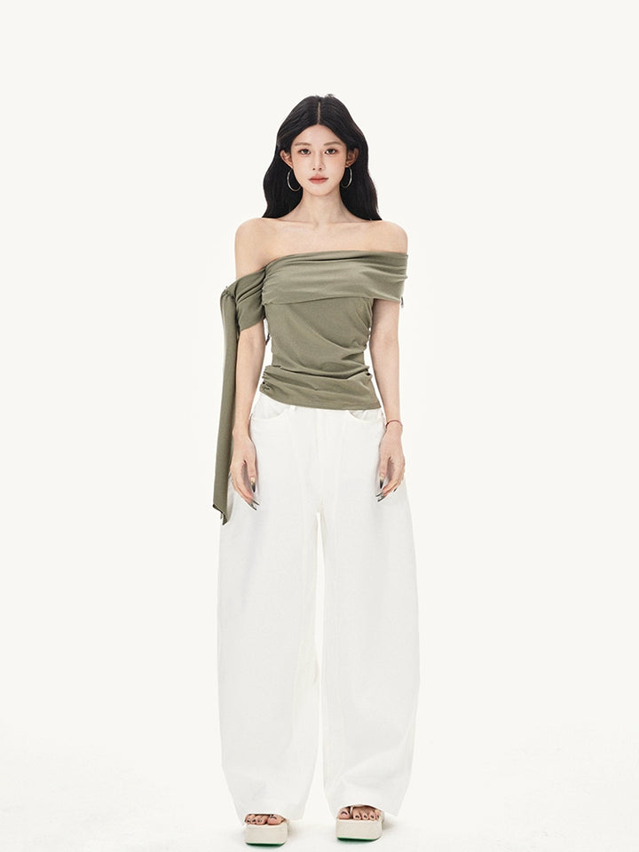 One-Shoulder Ribbon Knitted T-Shirt