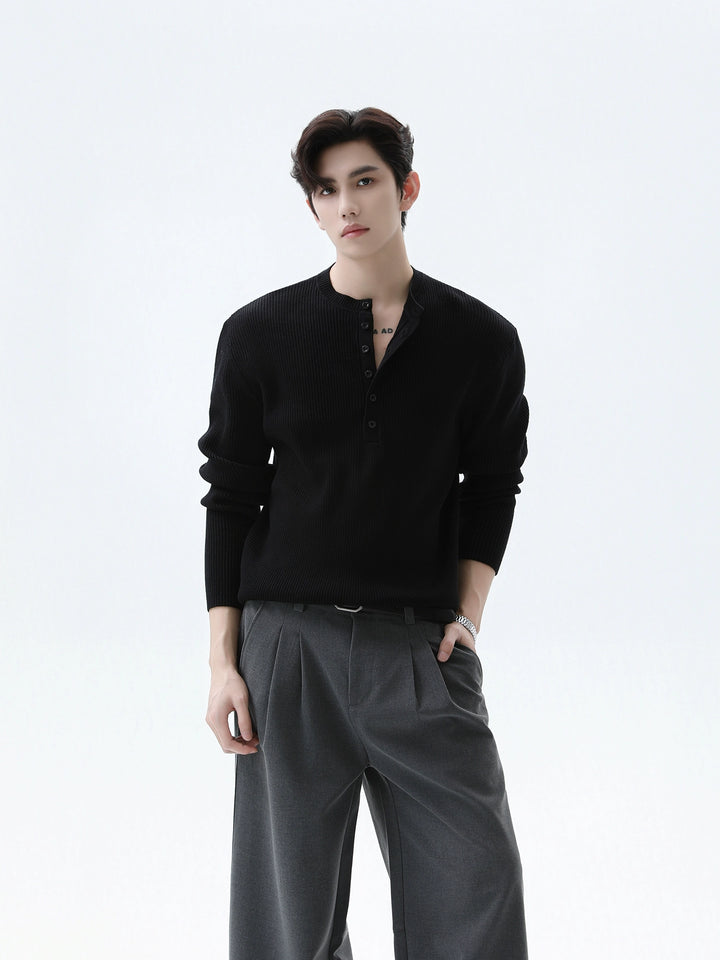 Ribbed Henley Collar Pullover