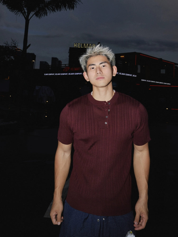 Textured Henley Collar Short Sleeve Polo Shirt