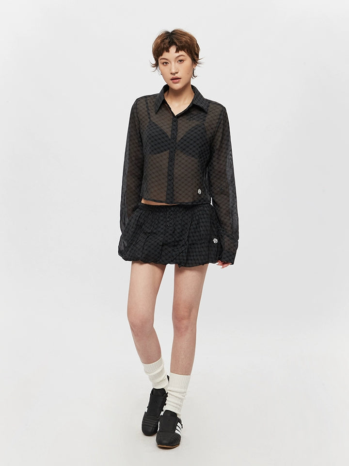 Sheer Checkered Long Sleeve Cropped Shirt