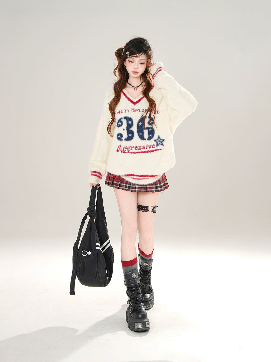 V-neck Off-Shoulder Fleece Sweatshirt