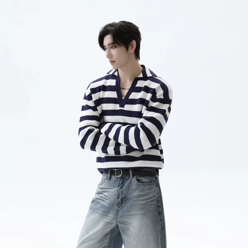 Striped V-Neck Relaxed Fit Sweater