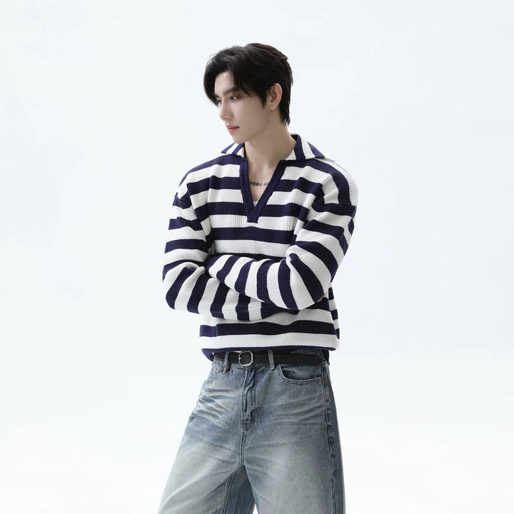 Striped V-Neck Relaxed Fit Sweater