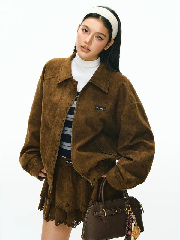 Conjunto de Moda de Jaqueta e Saia de Suede 