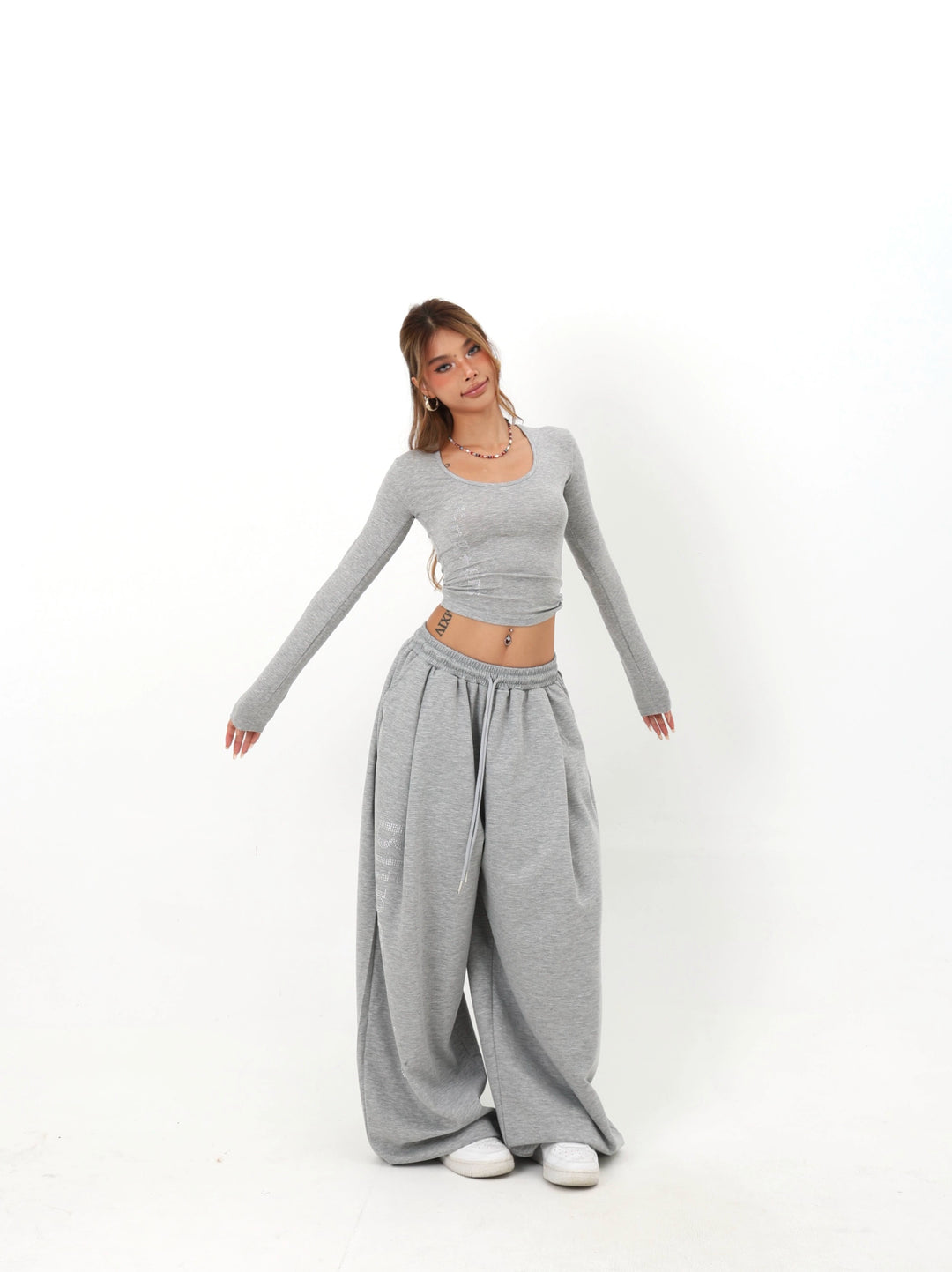 U-hals Rhinestone Slim Långärmad Topp 