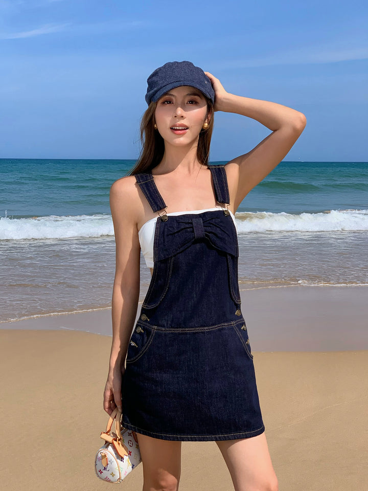 Denim Overall Skirt with Bow Detail