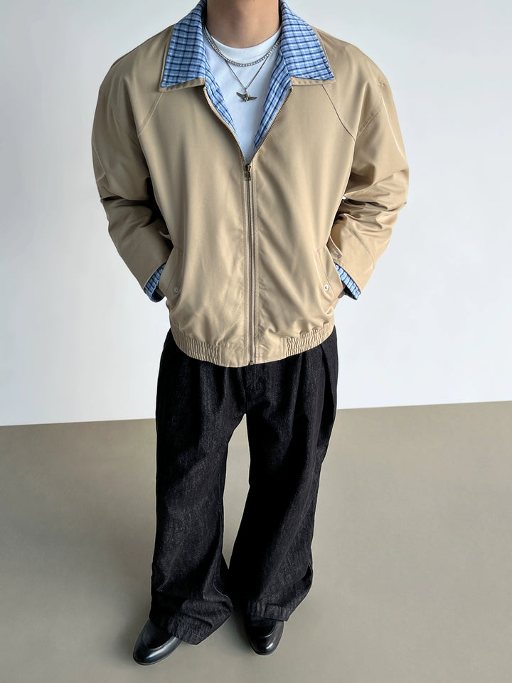 Plaid Collar Short Zip Flight Jacket