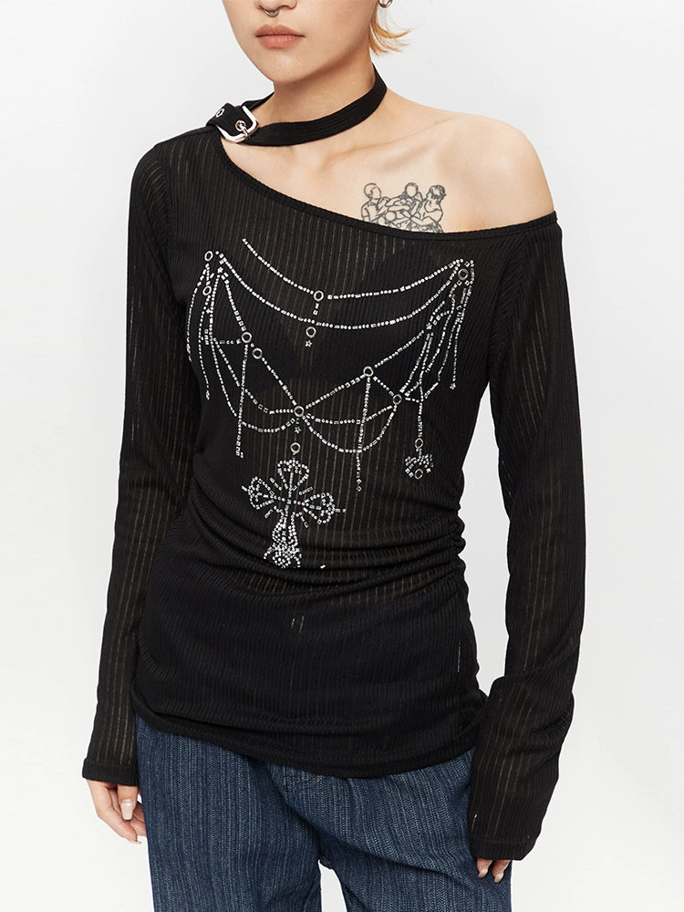 Off-Shoulder Sheer Long Sleeve Top