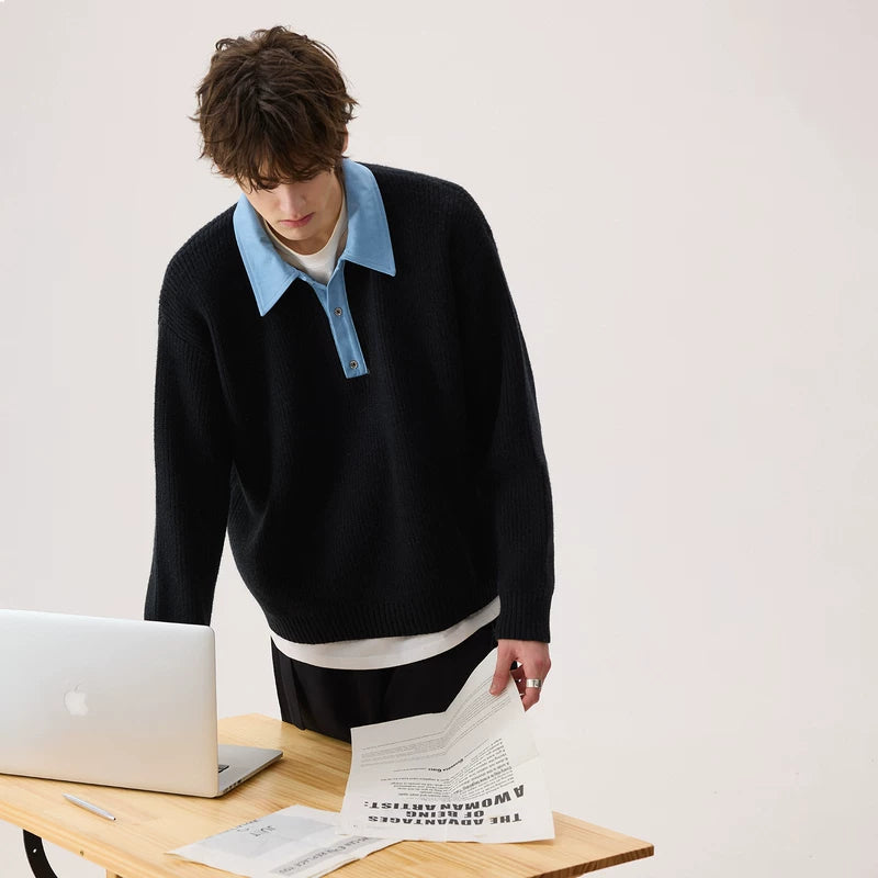 Denim Collar Patchwork Knit Sweater