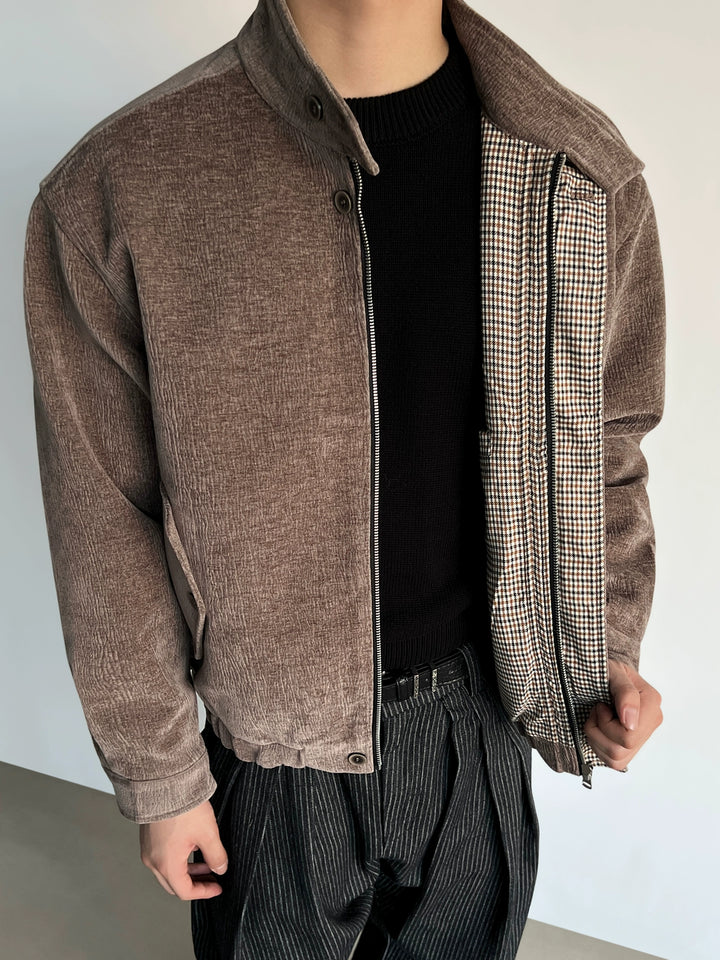 Veste courte à col montant doublée en pied-de-poule 