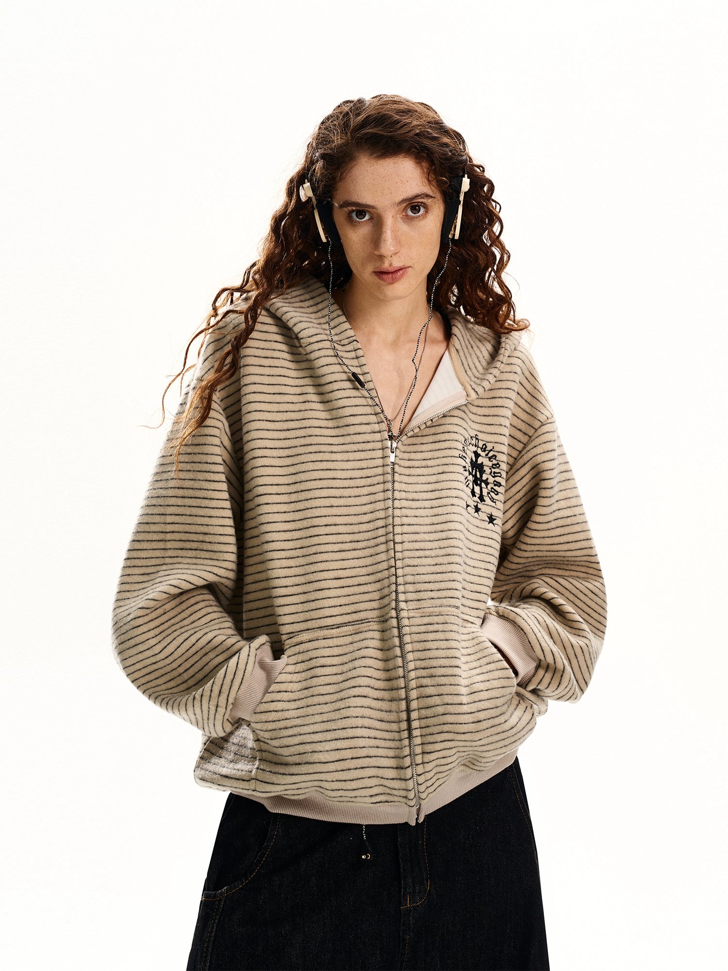 ストライプジップアップフード付きカーディガンスウェットシャツ 