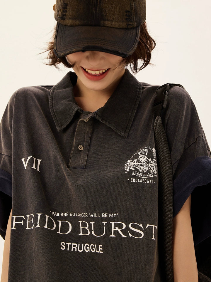 Washed Letter Print Polo Short Sleeve Shirt