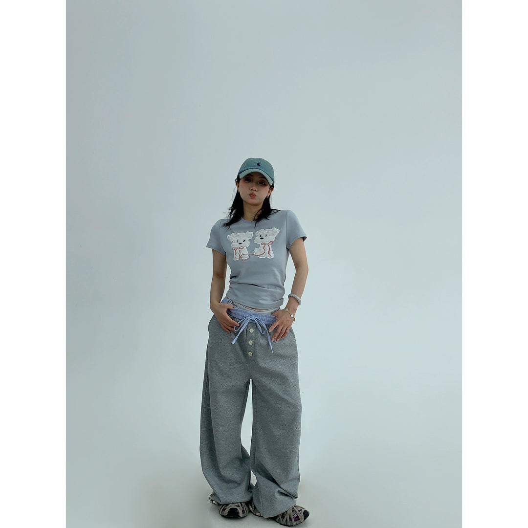 Cartoon Dog Embroidery Short Sleeve Top