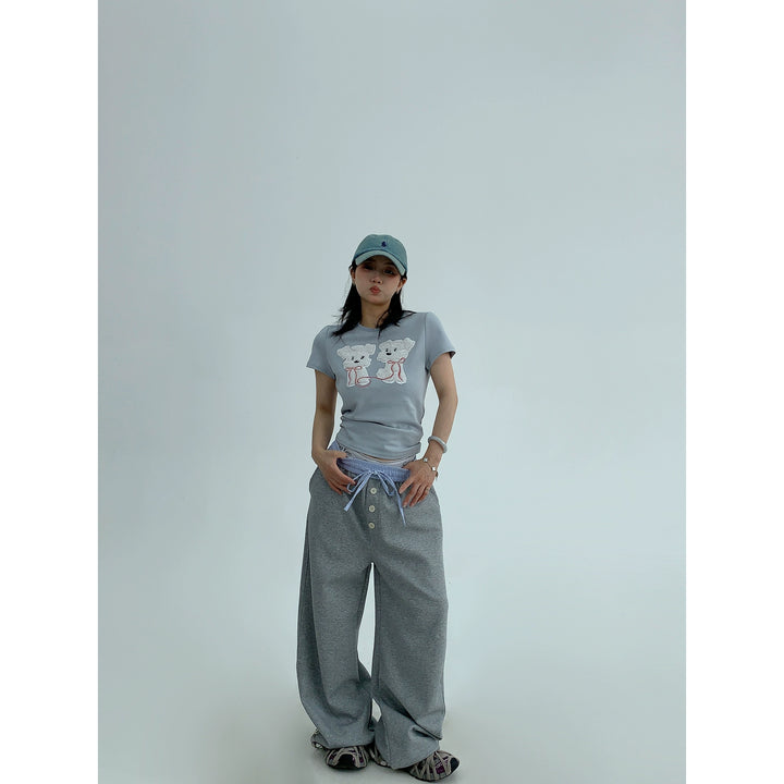 Cartoon Dog Embroidery Short Sleeve Top