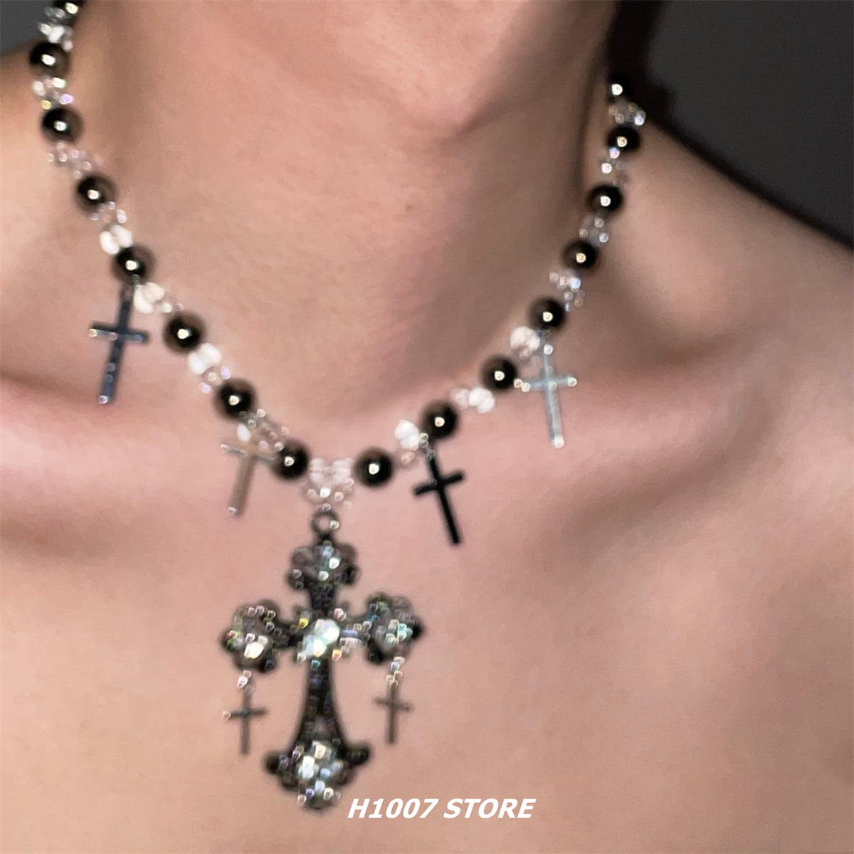 Cross Pendant Punk Bead Necklace