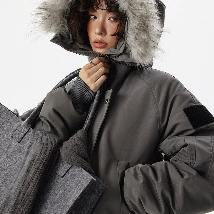 Fur Collar Hooded Waterproof Parka Coat