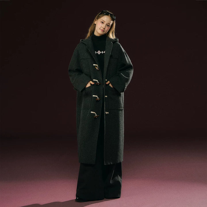 Long Hooded Wool Duffle Coat
