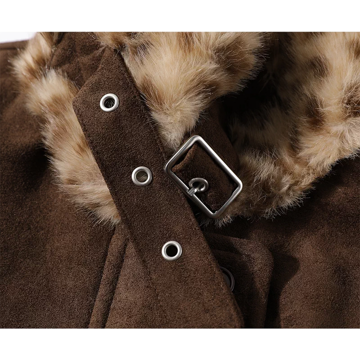 Chaqueta de ante forrada de forro polar con ribete de piel de leopardo 