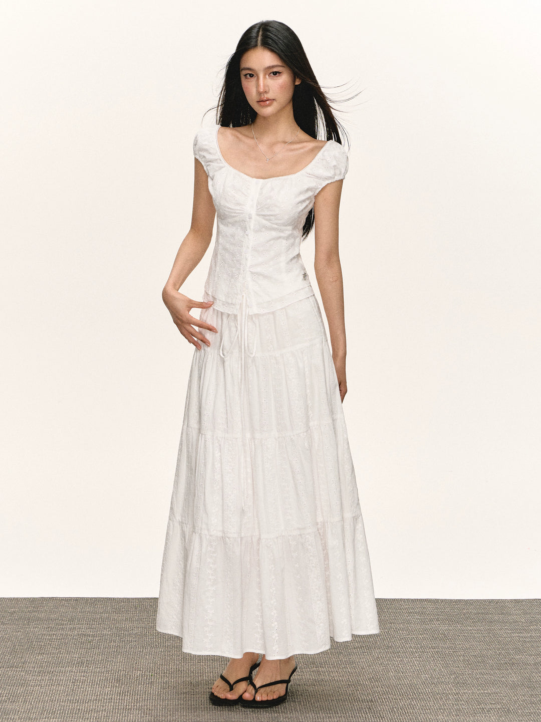 Eyelet Button-Front Short Sleeve Blouse