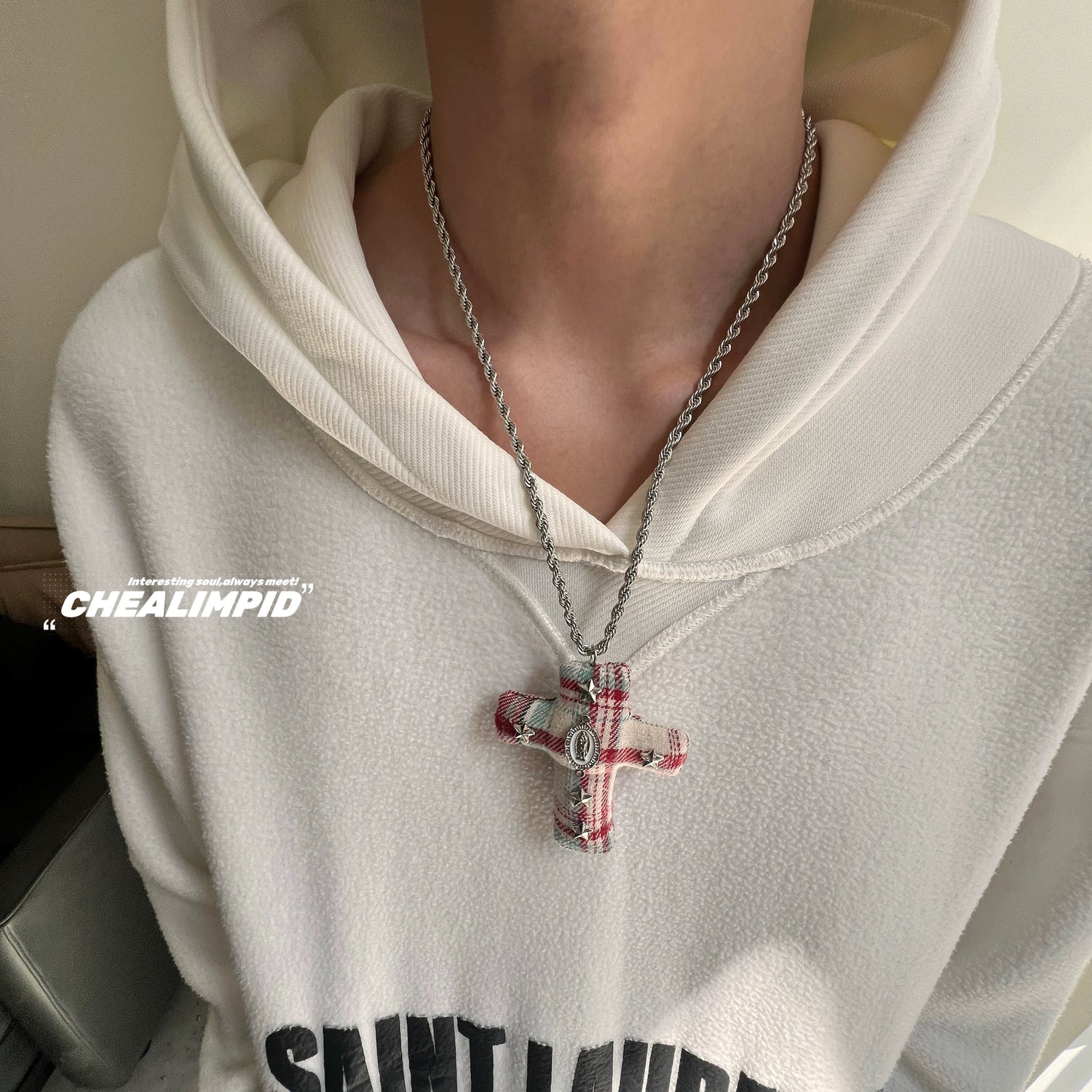 Plaid Cross Pendant Long Chain Necklace