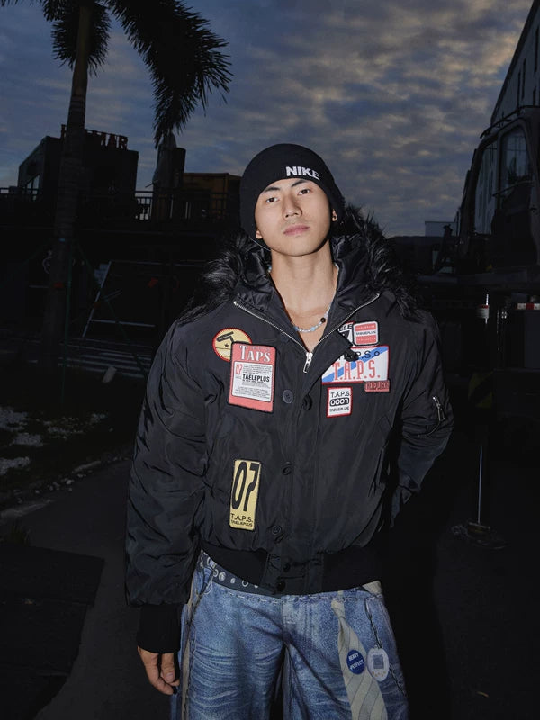 Embroidered Patch Fur Collar Hooded Jacket