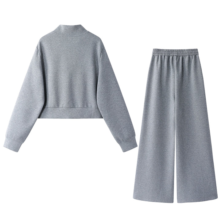 Stand Collar Sweatshirt and Wide Leg Pants