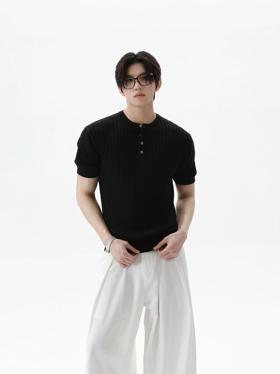 Pullover a maniche corte in maglia a coste Henley 