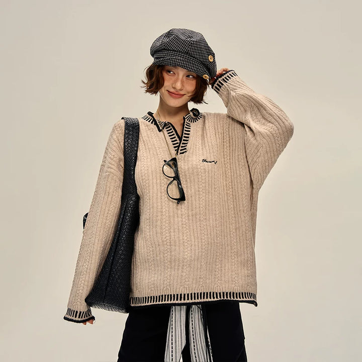 Retro Strikket V-hals Genser Pullover 