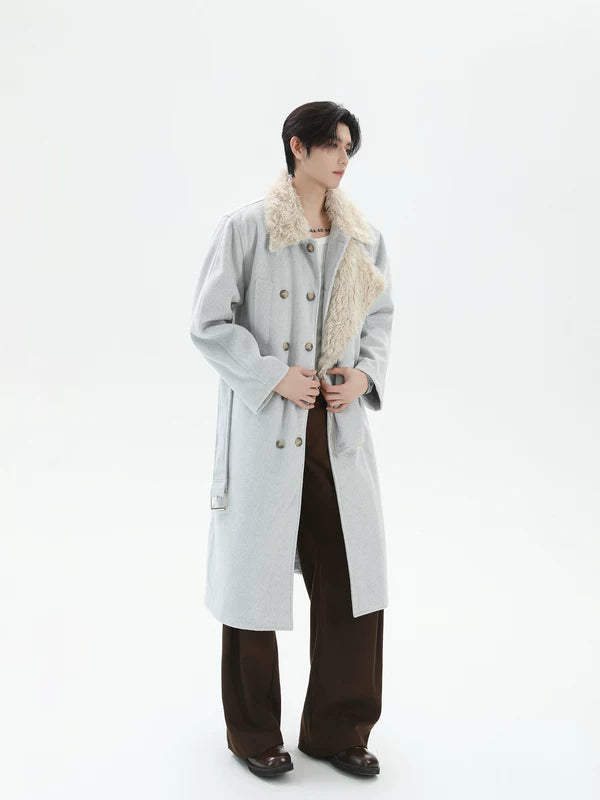 울 더블 브레스트 벨트 롱 코트 