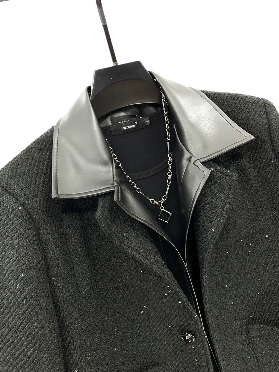 Sequin Decoration Leather Collar Jacket
