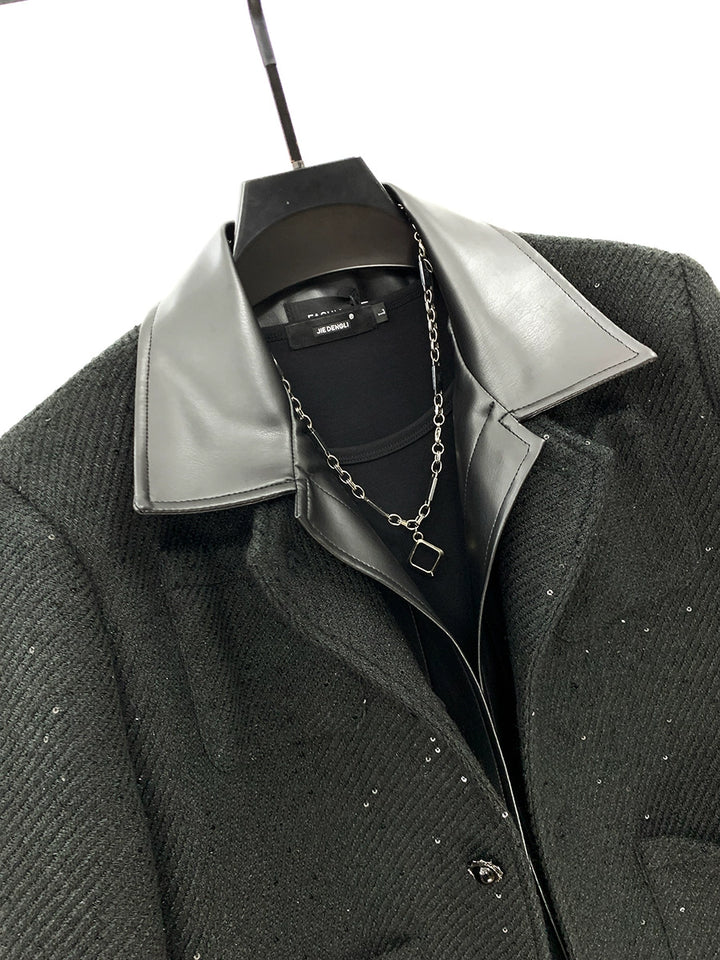 Sequin Decoration Leather Collar Jacket