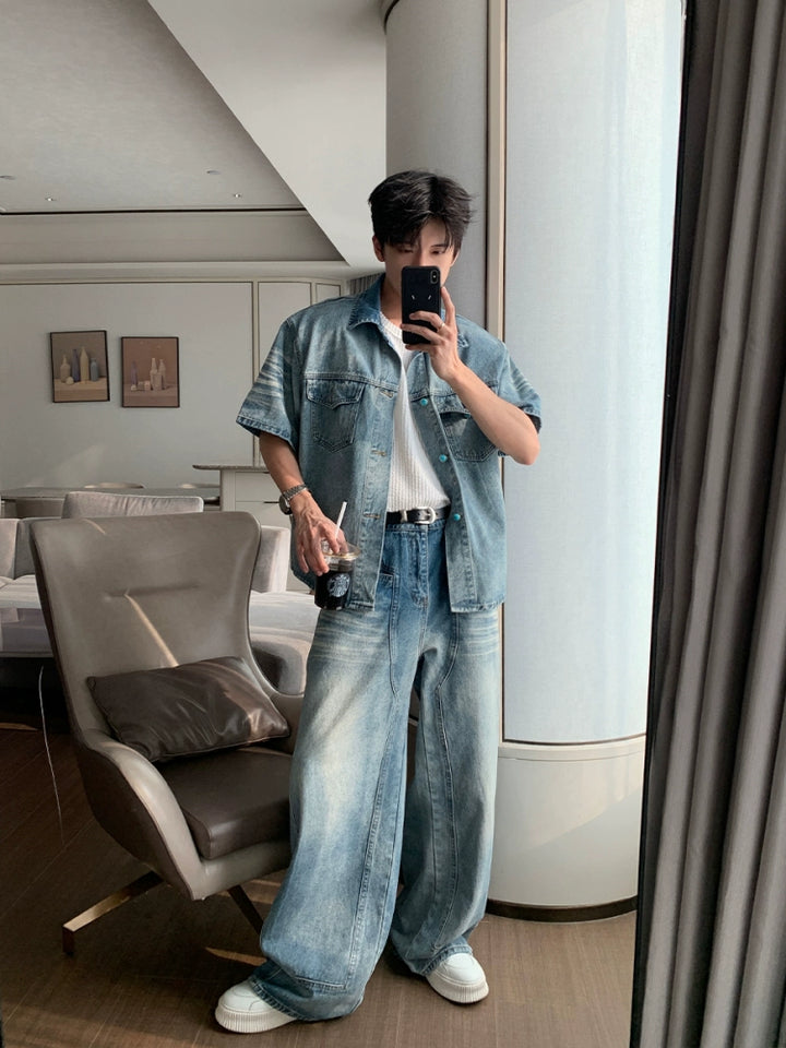 Denim Kurzarmhemd und Hosen Set 