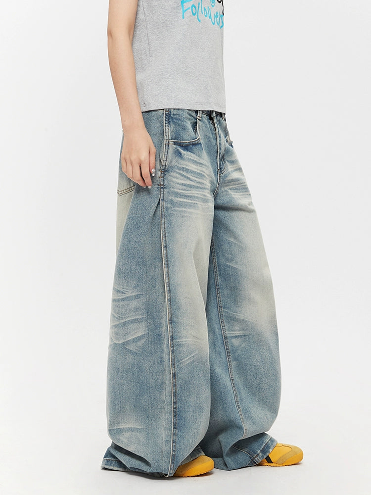 Wide-Leg Distressed Washed Straight Jeans