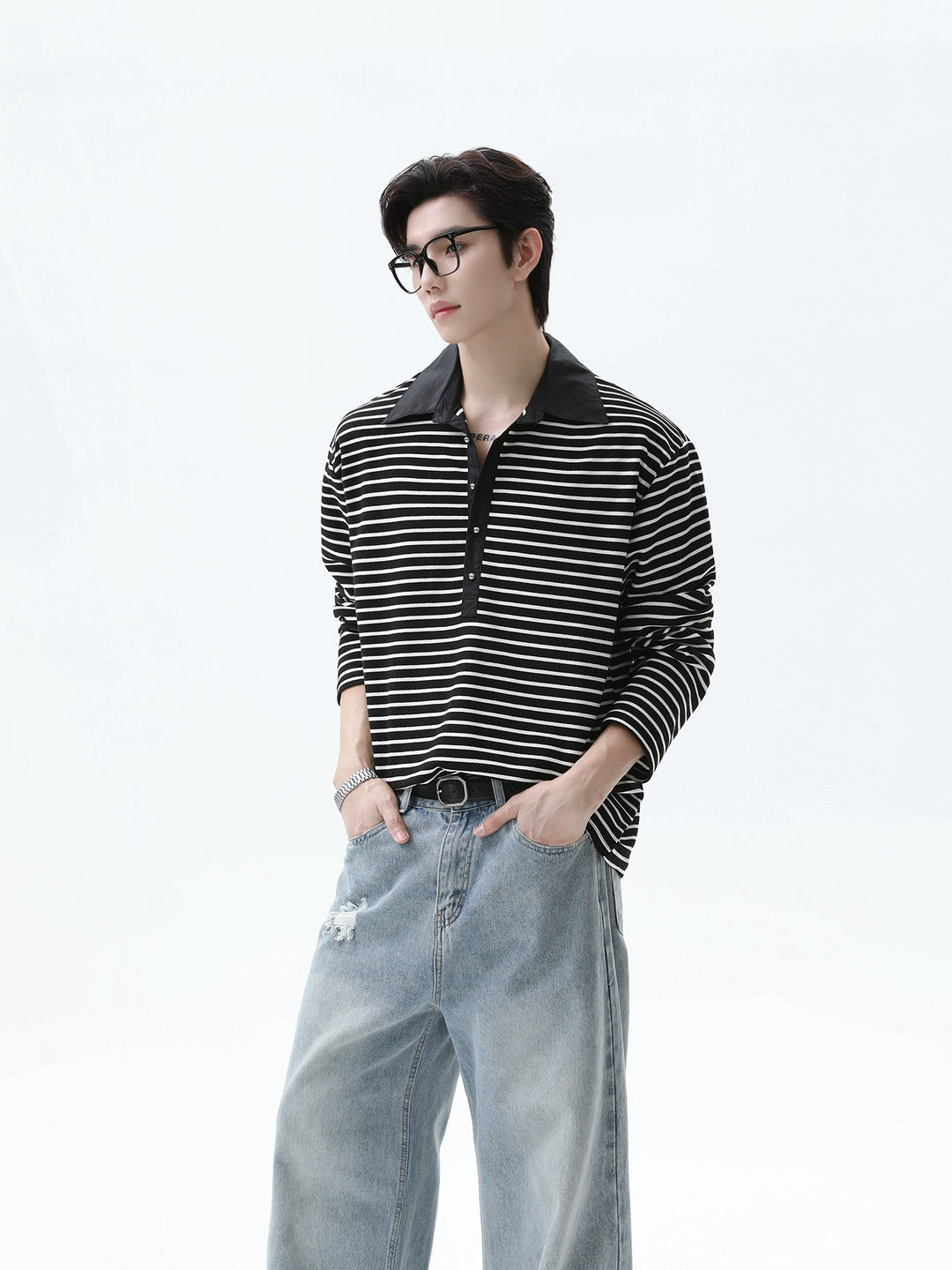 Striped Lapel Long Sleeve Pullover