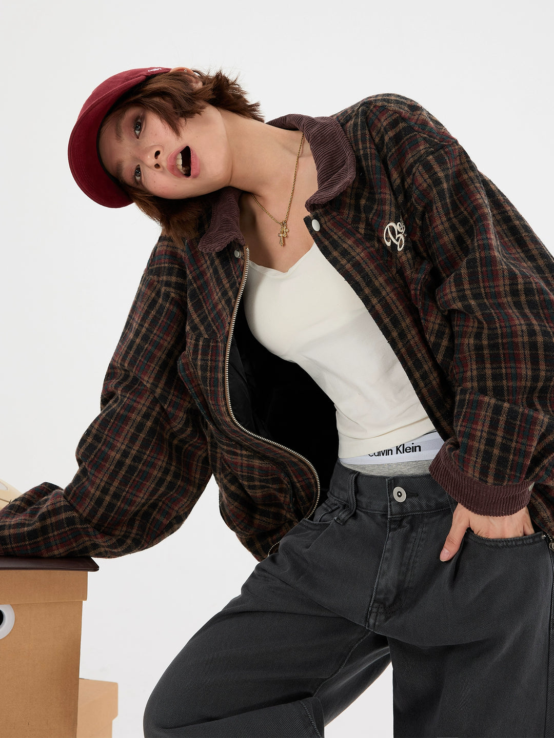 Plaid Wool Work Jacket with Corduroy Collar